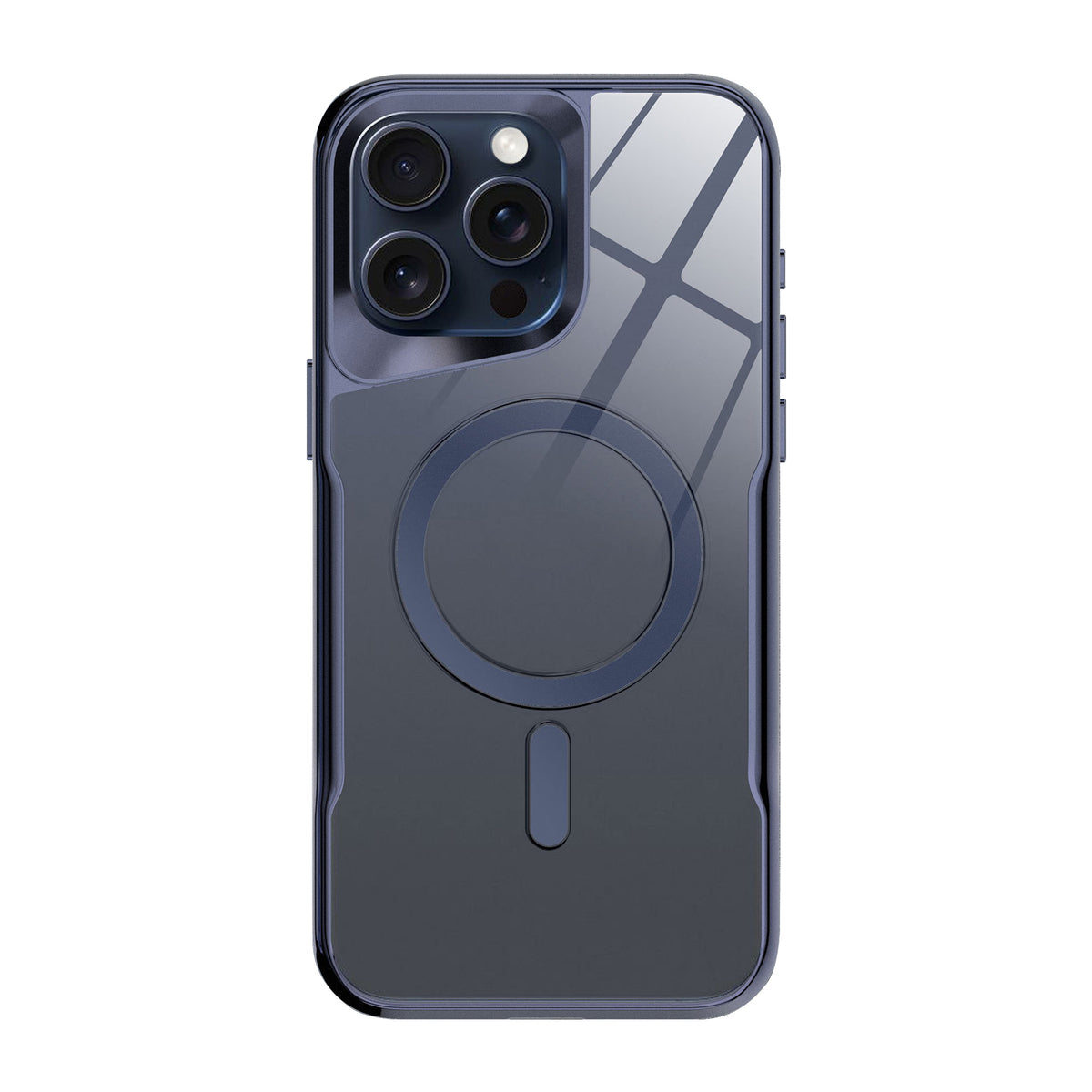 Blue-frame clear MagSafe iPhone case with lens rings
