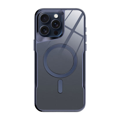 Blue-frame clear MagSafe iPhone case with lens rings