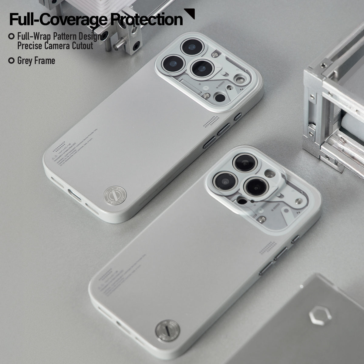 Two chrome silver cases laid flat showing the precise camera cutouts
