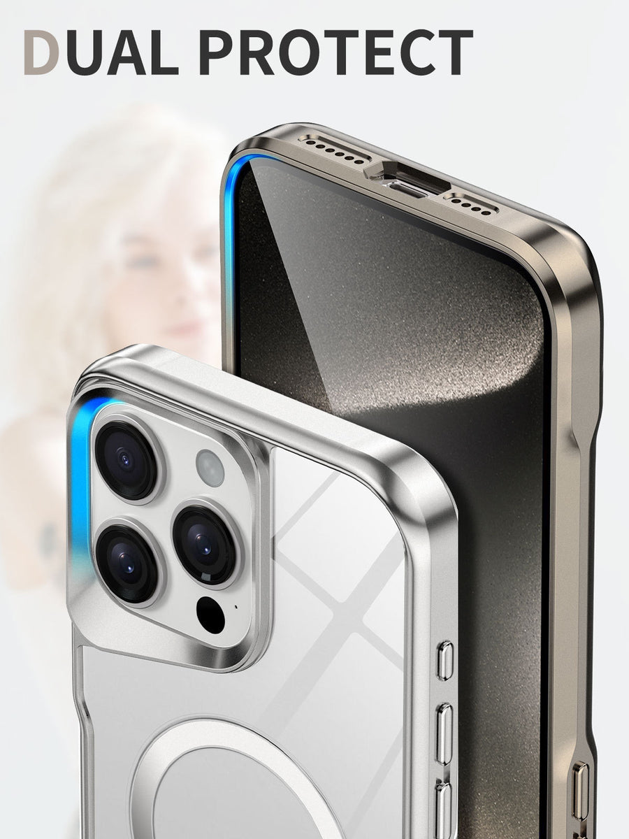 Close-up of clear iPhone case corner and silver frame edge