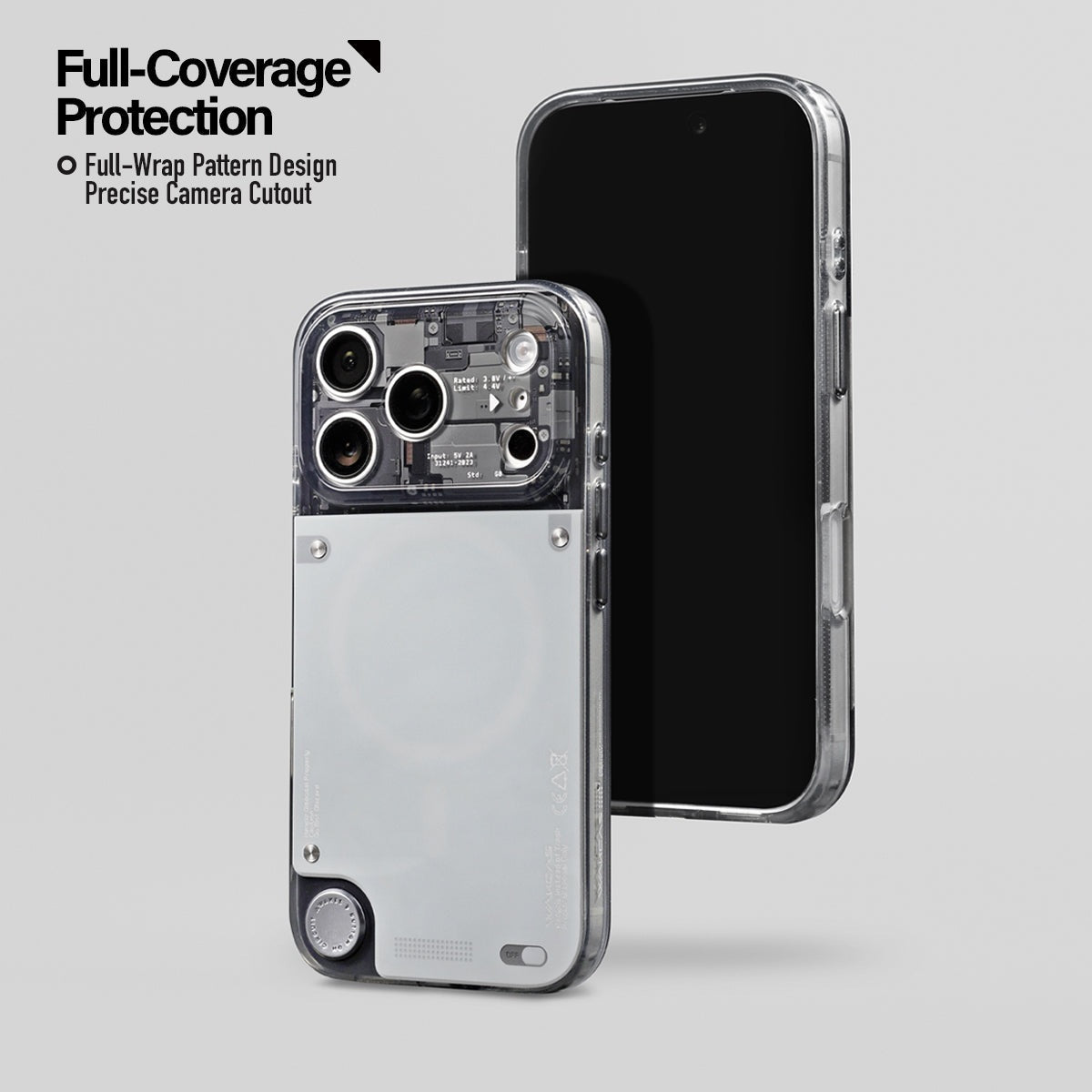 Gloss see-through iPhone case with full camera coverage next to an iPhone front