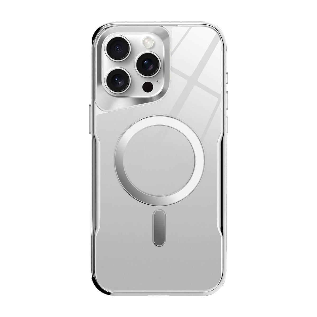 Silver-frame clear MagSafe iPhone case with lens rings