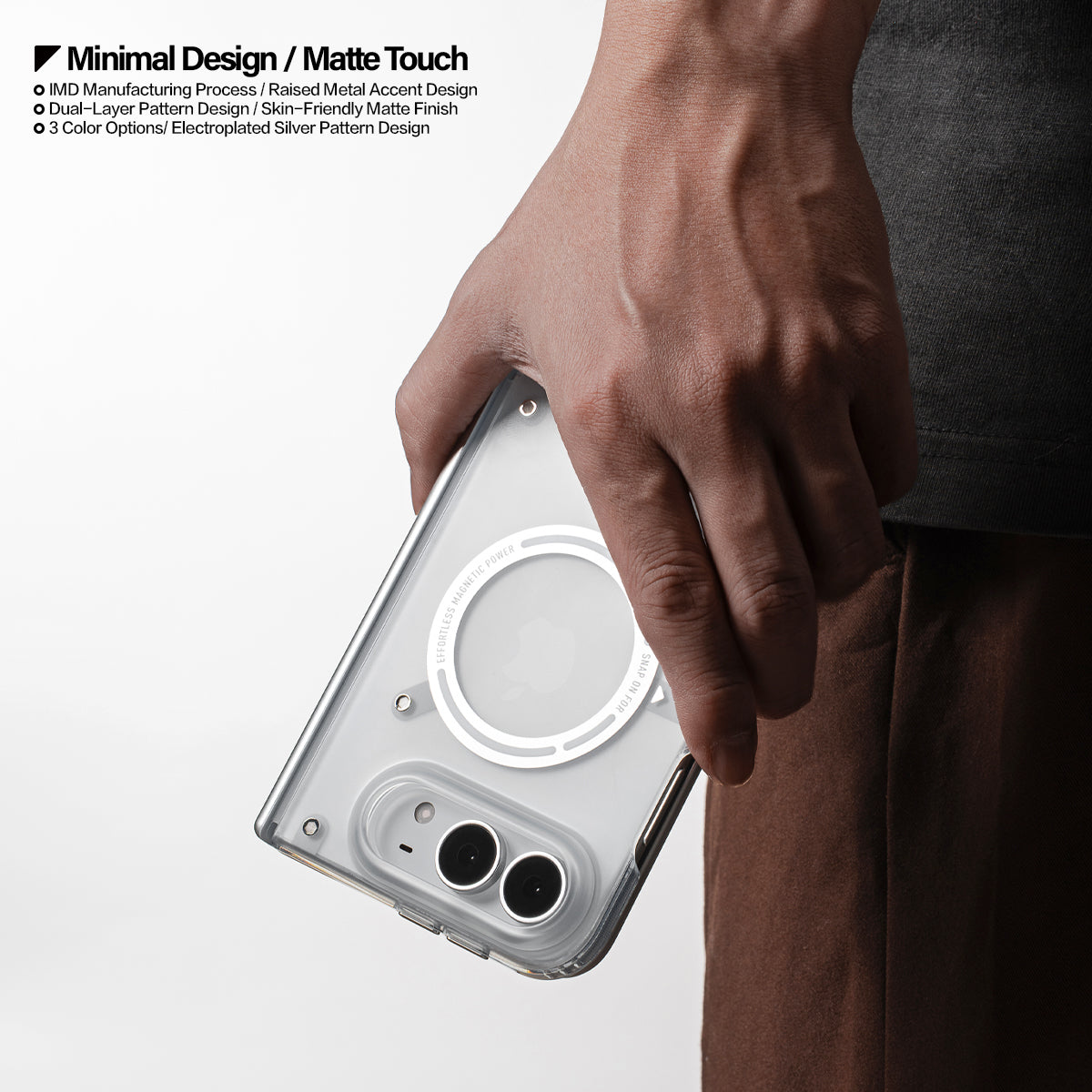 Hand carrying an iPhone Duo in the Transparent White frosted case with feature callouts