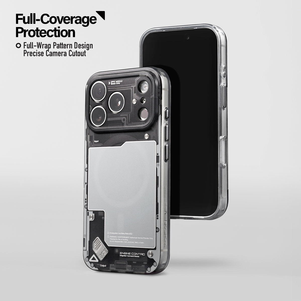 Black see-through case beside a phone, full coverage callout
