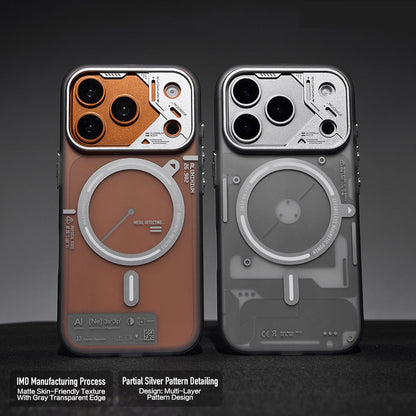 Frosted translucent cases with orange and silver metal camera frames on a dark backdrop