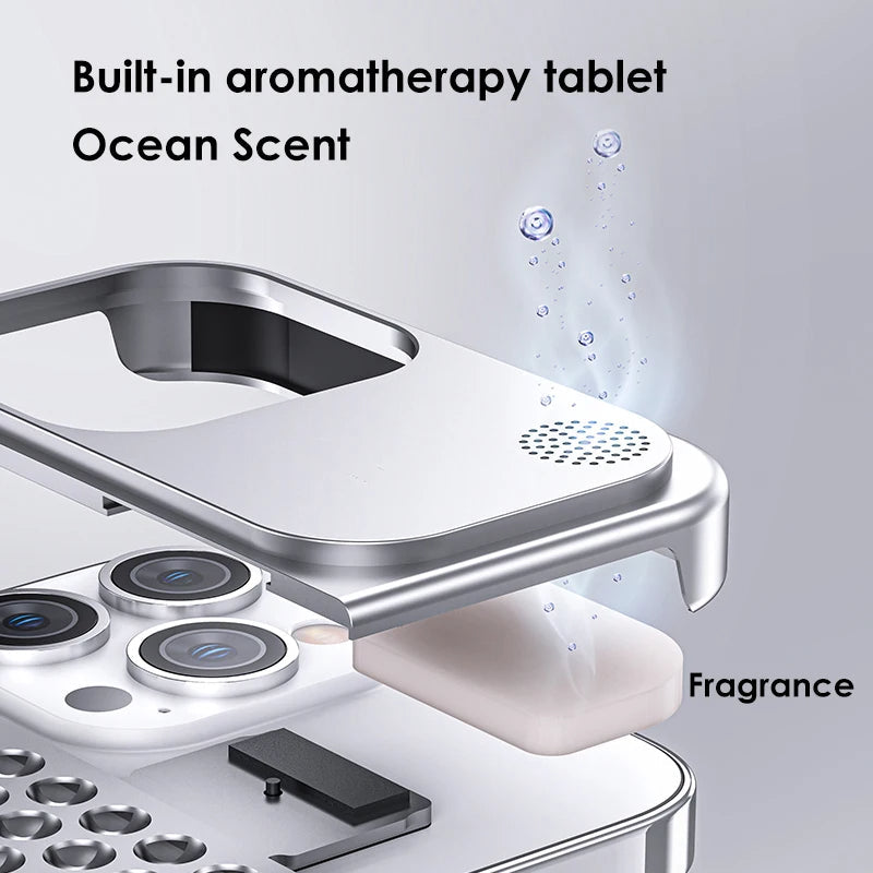 Close-up of built-in aroma tablet compartment in aluminum iPhone case