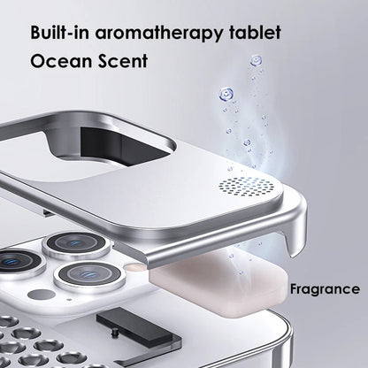 Close-up of built-in aroma tablet compartment in aluminum iPhone case