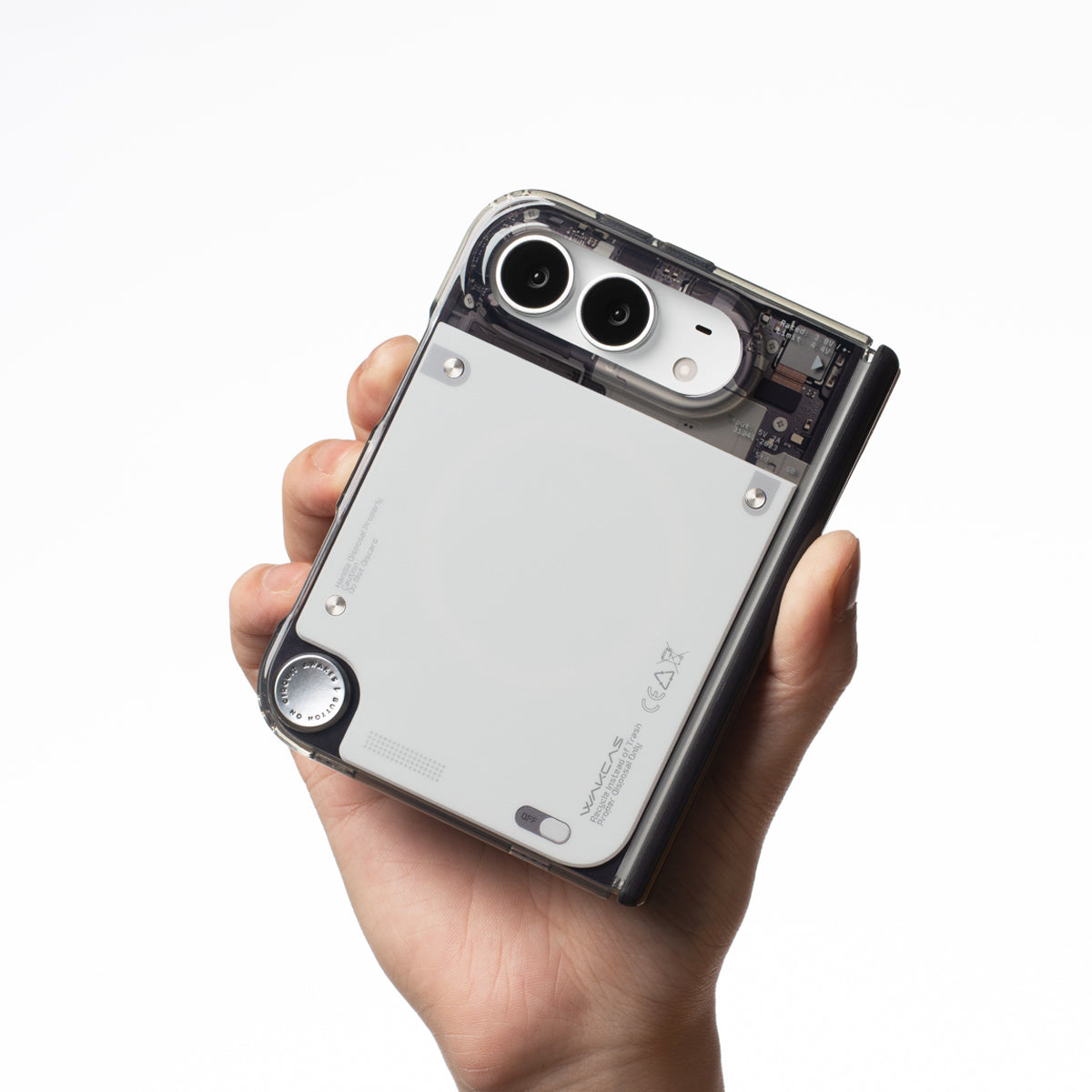 Hand holding an iPhone Duo in the Gloss Black See-Through case