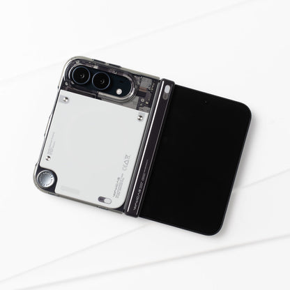 Unfolded iPhone Duo in the gloss see-through case lying on a white surface