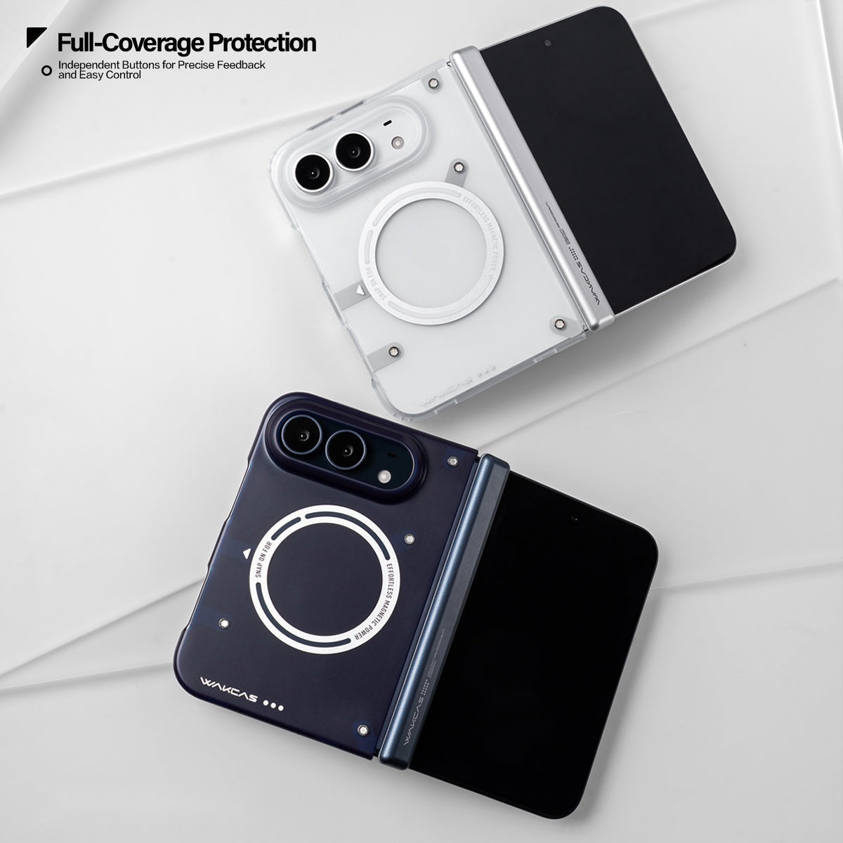 Transparent White and Transparent Blue cases on unfolded iPhone Duo phones