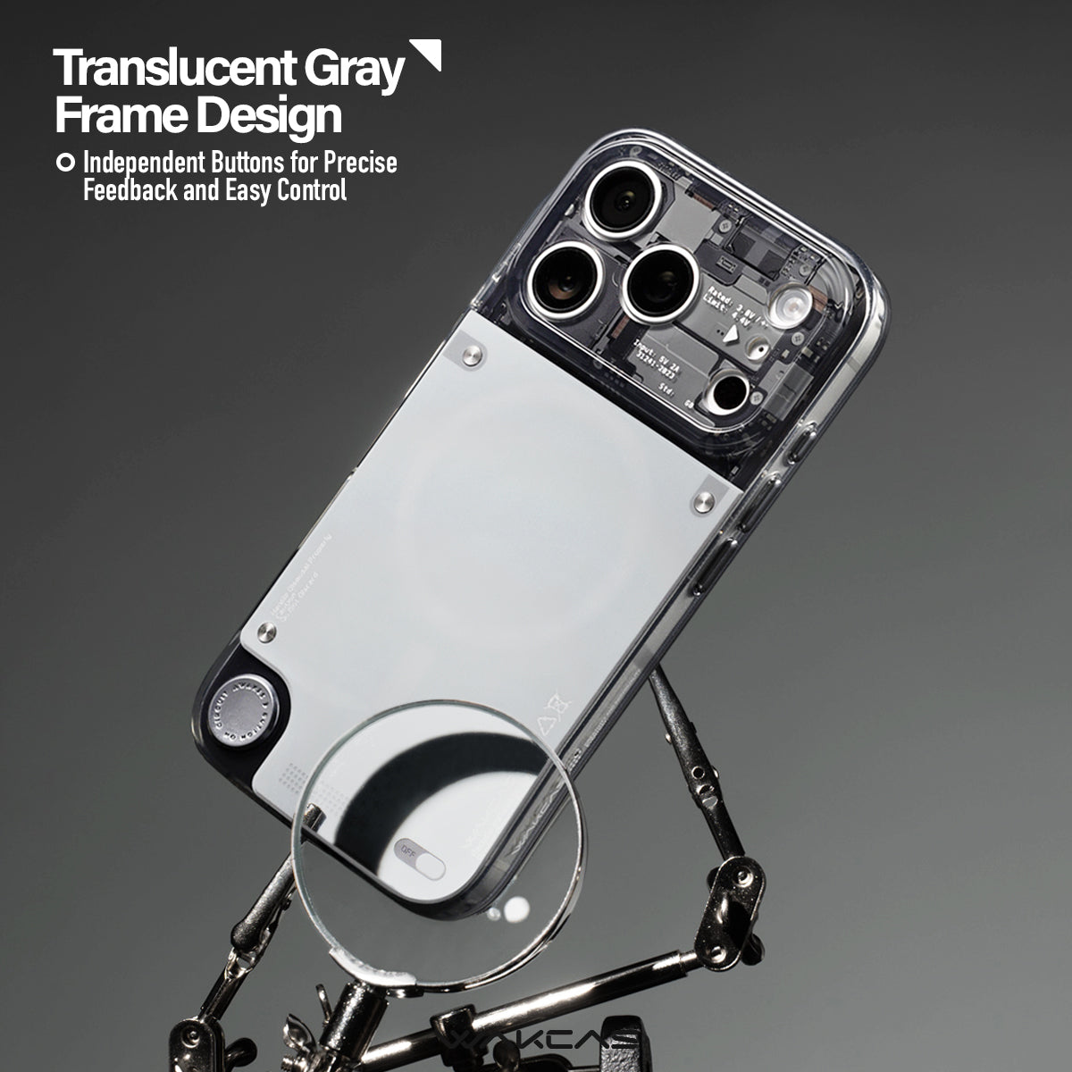 Gloss see-through iPhone case with semi-transparent gray frame on a stand