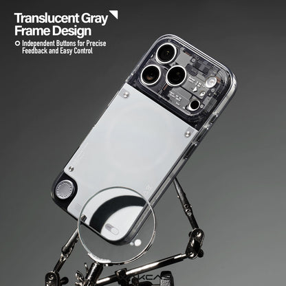 Gloss see-through iPhone case with semi-transparent gray frame on a stand