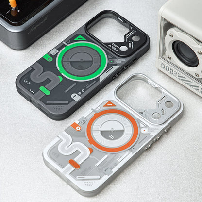 Black-green and white-orange cases on a desk