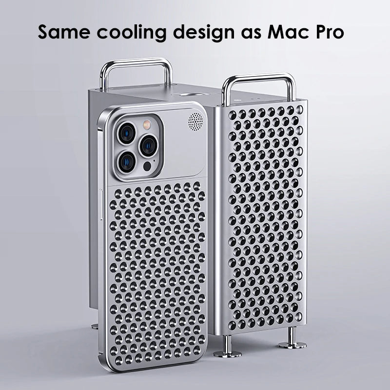 Silver perforated aluminum iPhone case next to a perforated metal tower