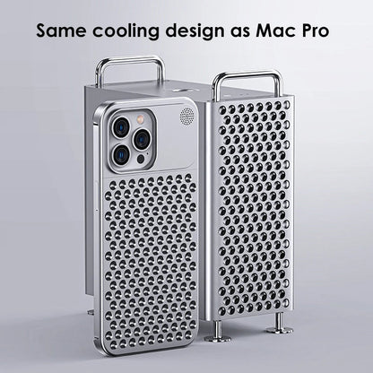Silver perforated aluminum iPhone case next to a perforated metal tower