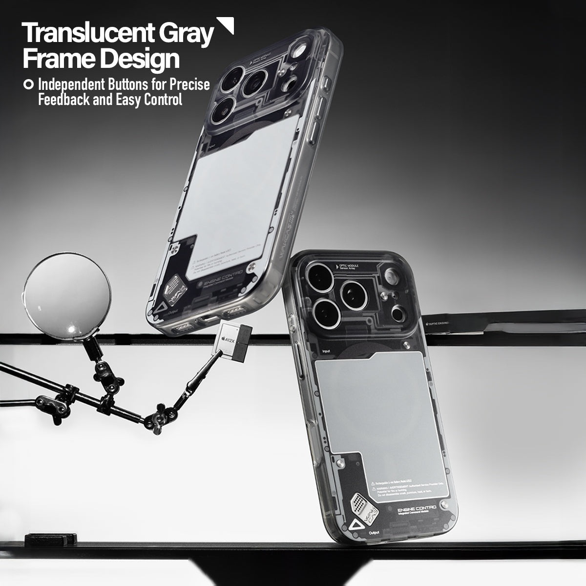 Two black see-through cases with translucent design callout