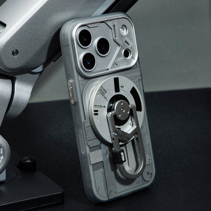 Case with round stand attached, close-up on a dark background
