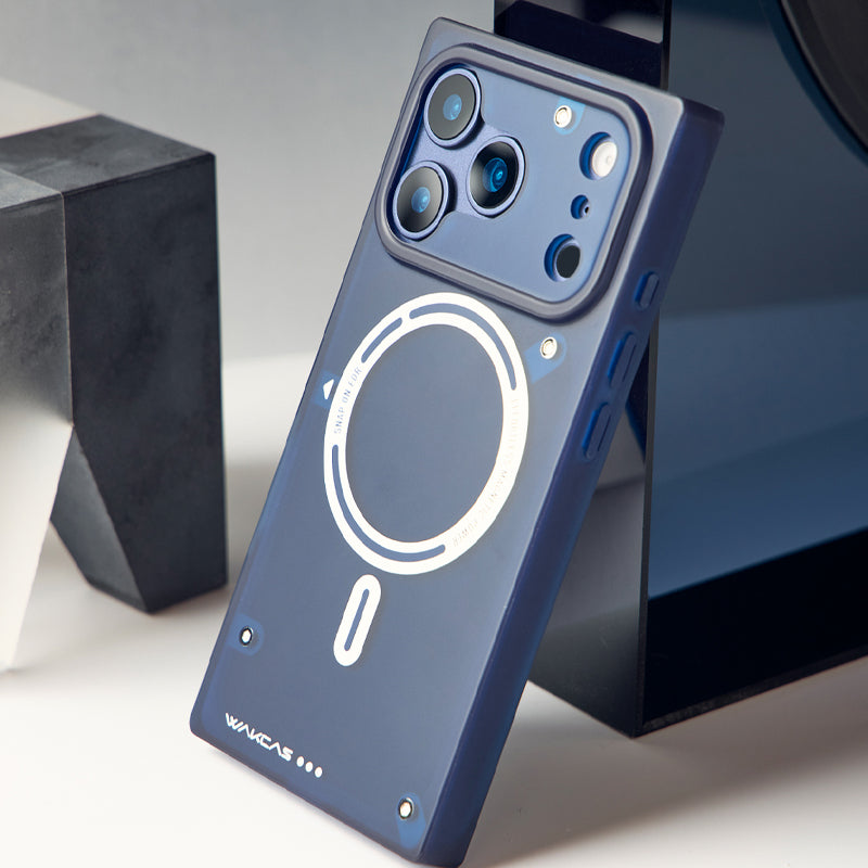 Blue square MagSafe iPhone case leaning against a dark block