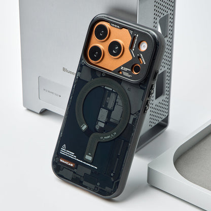 Black circuit board case on an orange iPhone, standing upright