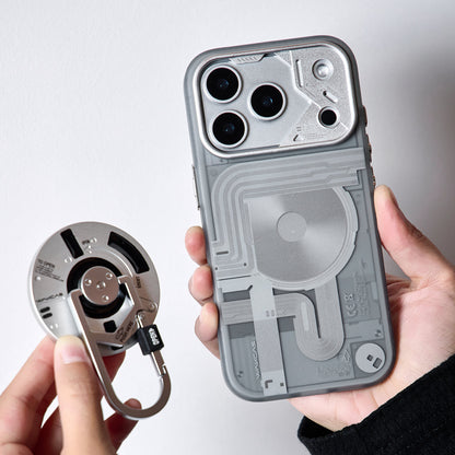 Hands holding the frosted case and the carabiner stand