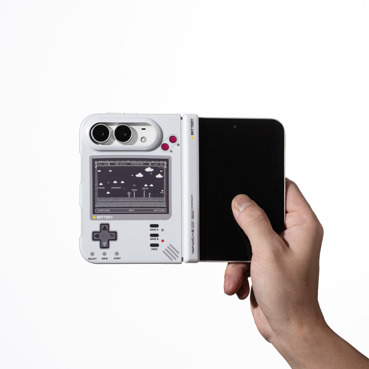 Hand holding the unfolded iPhone Duo in the retro console case