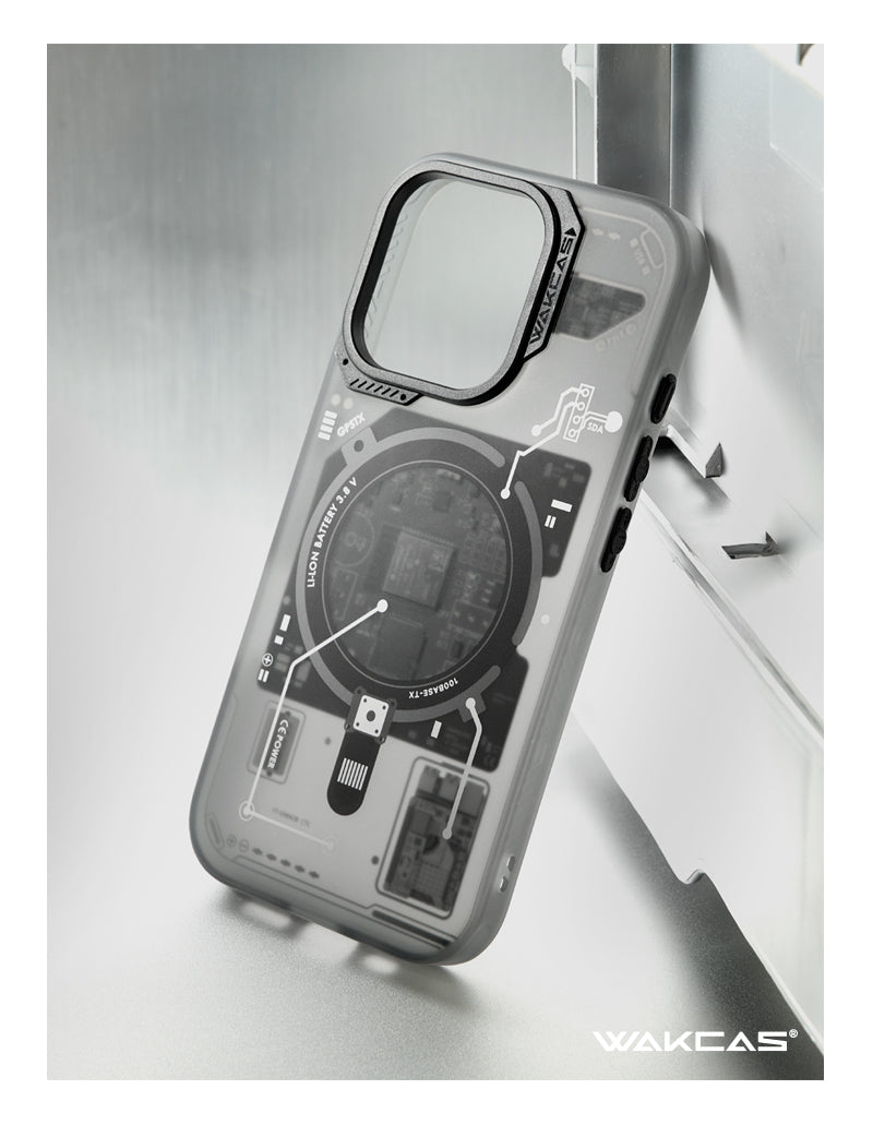 Black circuit board case on a light gray surface, side angle