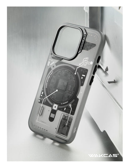 Black circuit board case on a light gray surface, side angle
