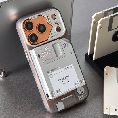 Floppy disk stand attached to an iPhone with an orange camera surround