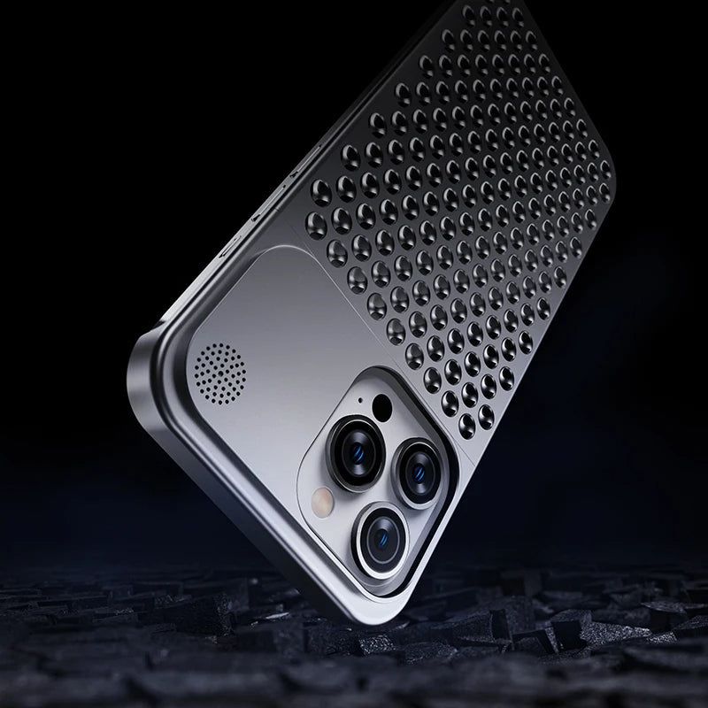 Silver perforated aluminum iPhone case angled to show camera cutout