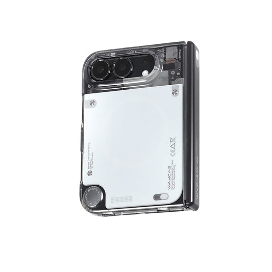 Gloss Black See-Through MagSafe case for iPhone Duo, back view with metal badge