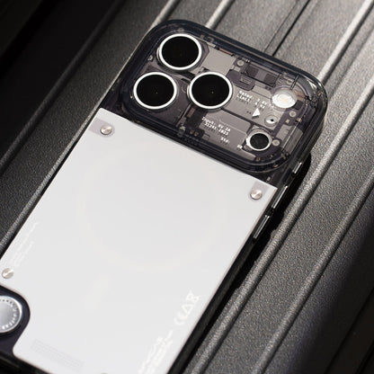 Close-up of camera lens cutouts on gloss see-through iPhone case