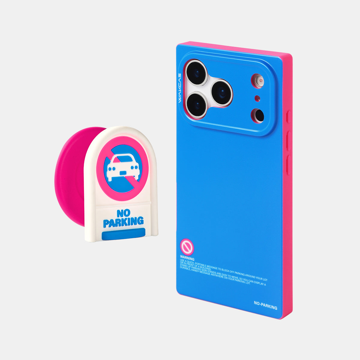 Blue and pink square case beside the No Parking magnetic stand