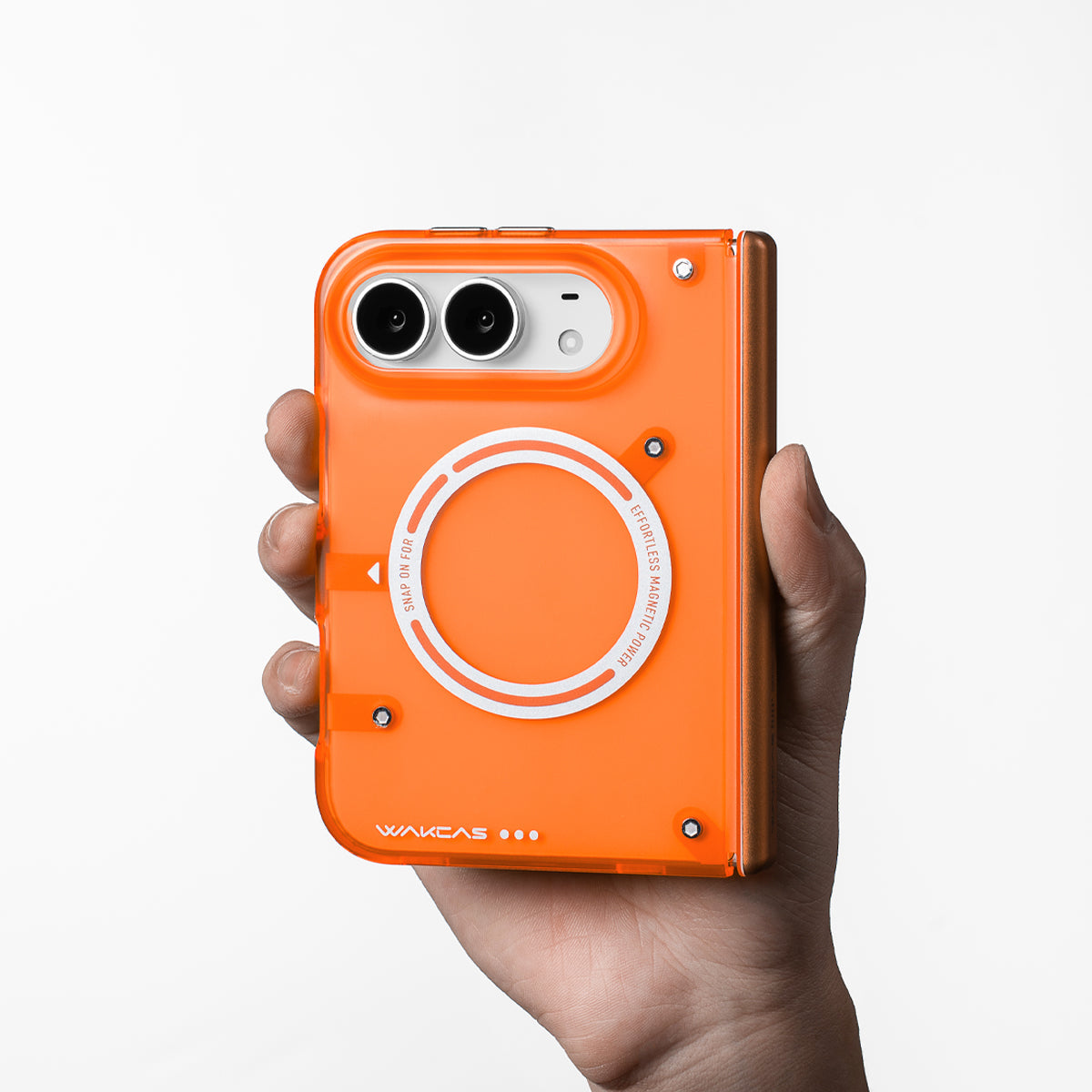 Hand holding an iPhone Duo in the Transparent Orange frosted case