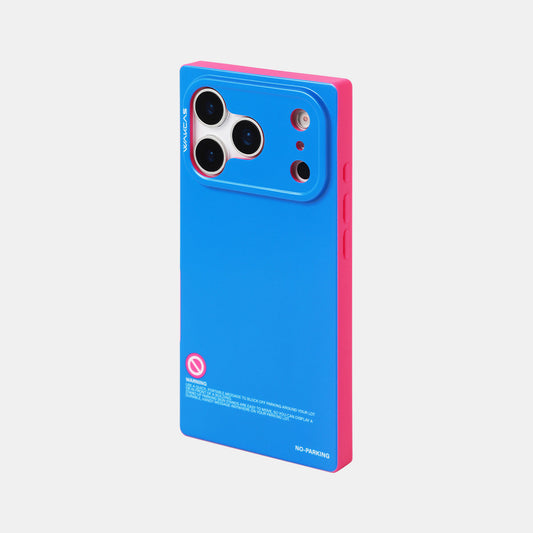 Blue and pink square iPhone case with No Parking icon, rear view
