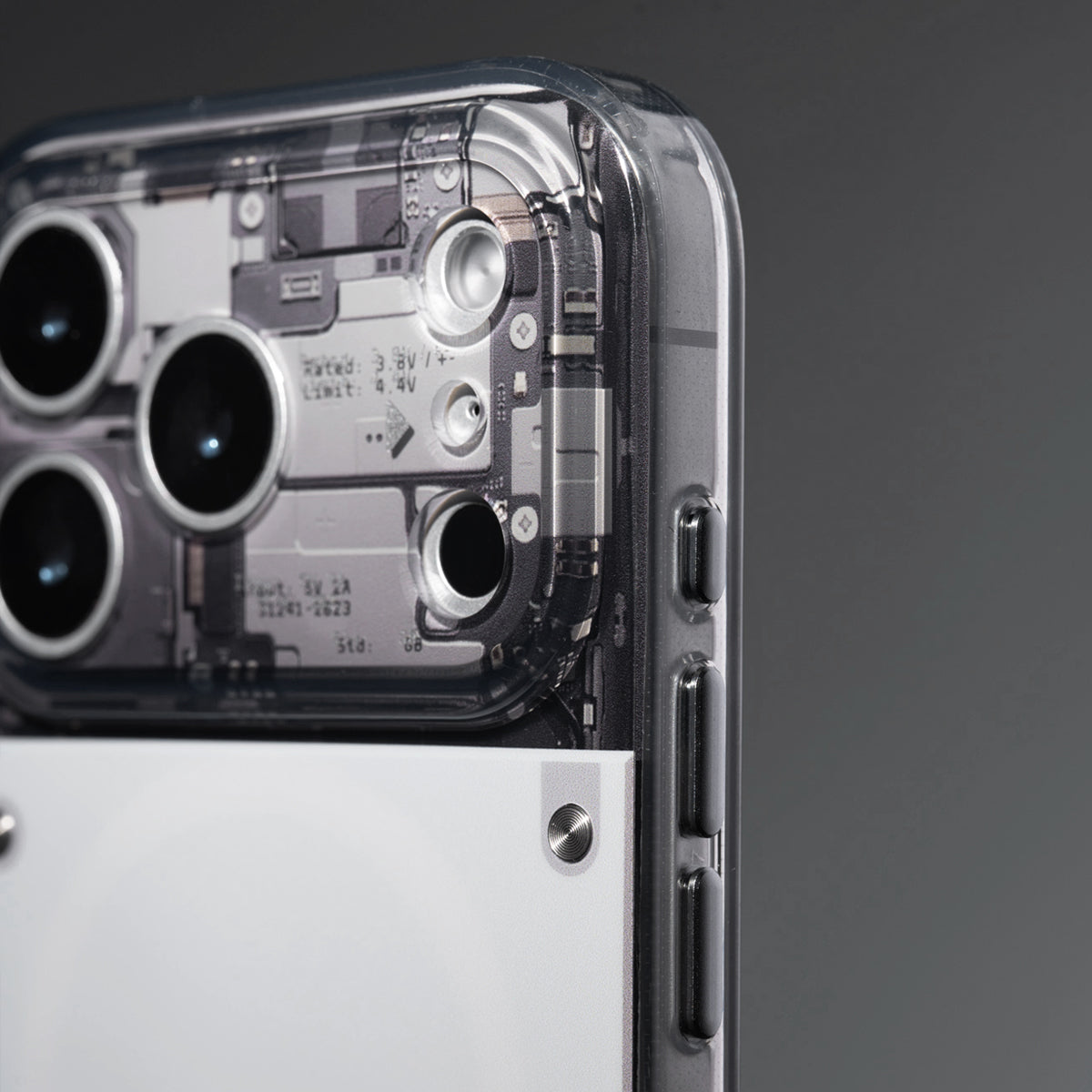 Close-up of side buttons and translucent frame on gloss iPhone case