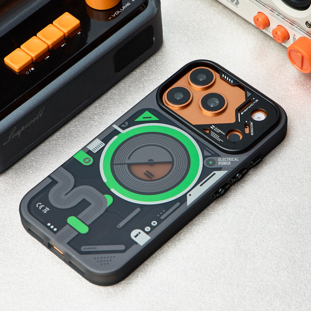 Black and green case on an orange iPhone