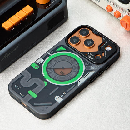 Black and green case on an orange iPhone