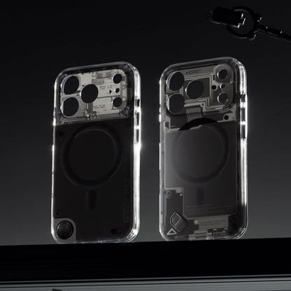 Two see-through cases on a dark background, rear view
