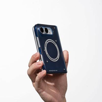 Hand holding an iPhone Duo in the Transparent Blue frosted case, angled view