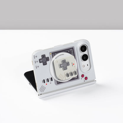 iPhone Duo propped up on the console-style magnetic stand on a white table