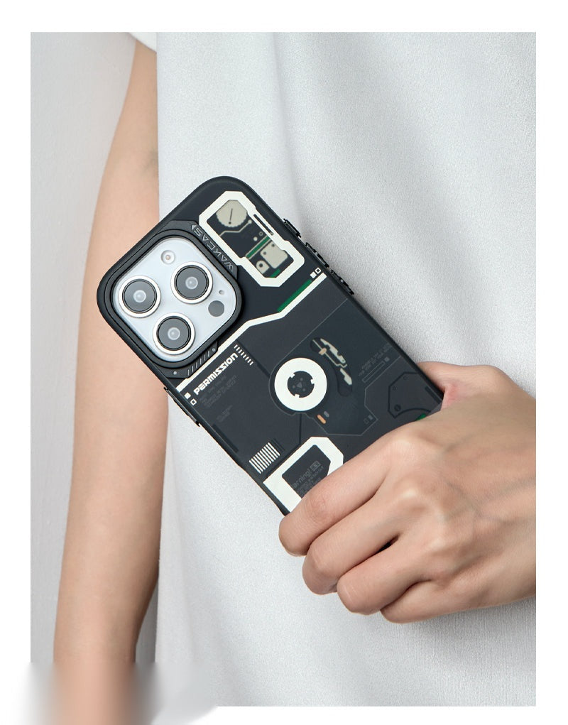 Person holding the frosted black retro player case against a white top