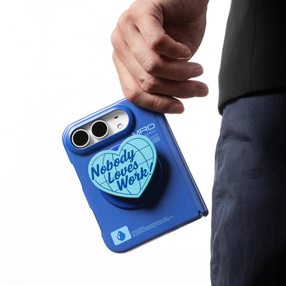 Hand carrying an iPhone Duo with the heart-shaped stand on the matte blue case