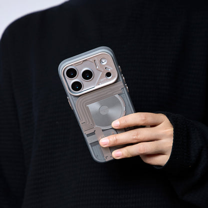 Hand holding the frosted mechanical case against black clothing
