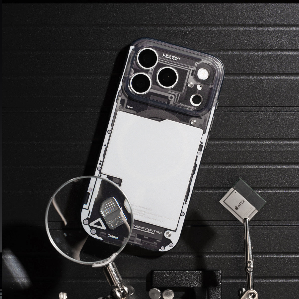 Black see-through case under a magnifier