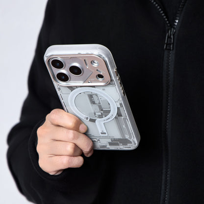 Person holding the grey circuit board case against a black jacket