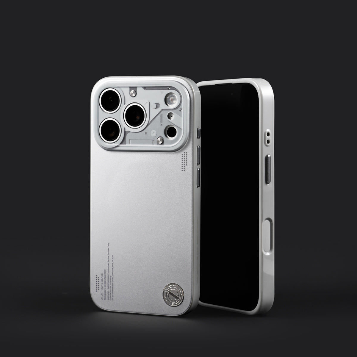 Chrome silver case next to an iPhone screen on a black background
