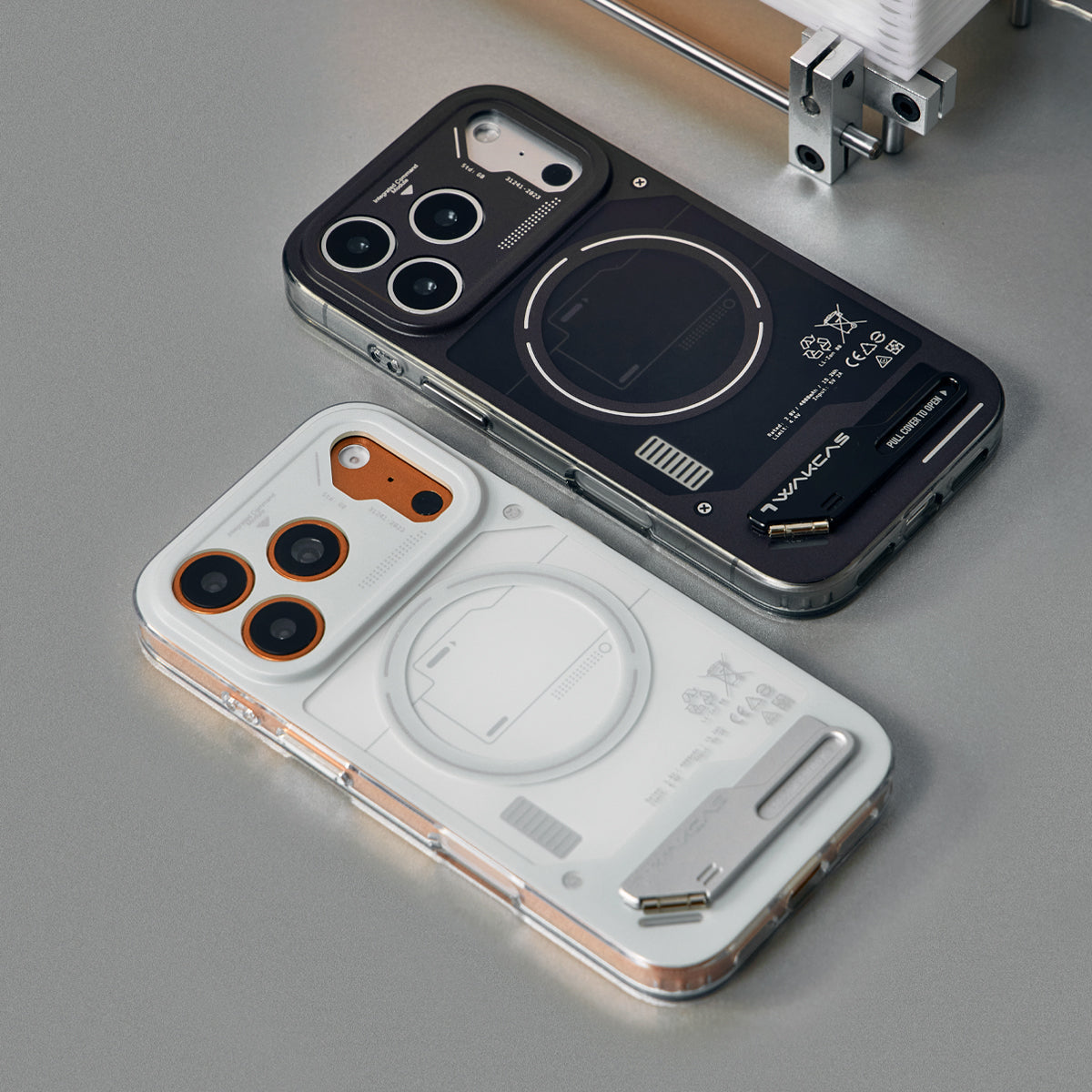 Black and grey cases lying flat, overhead view