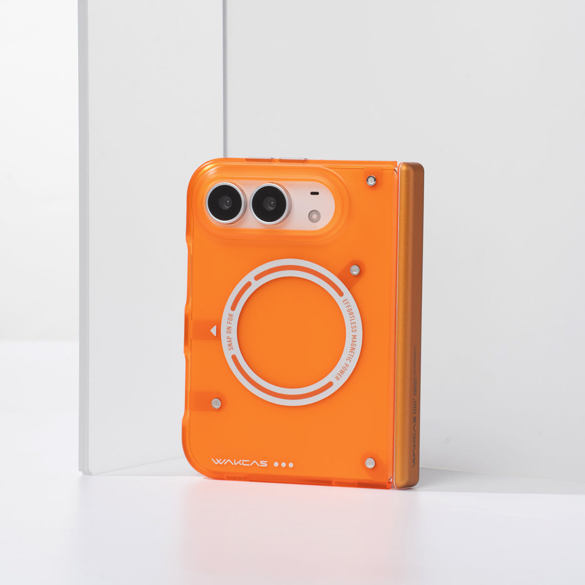 iPhone Duo in the Transparent Orange frosted case standing upright