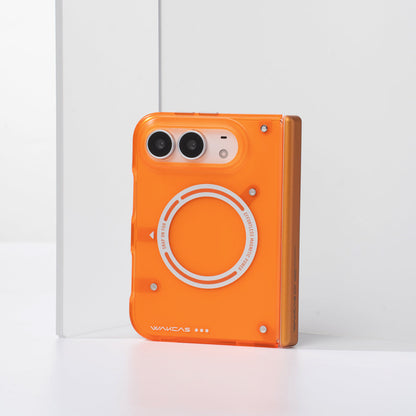 iPhone Duo in the Transparent Orange frosted case standing upright
