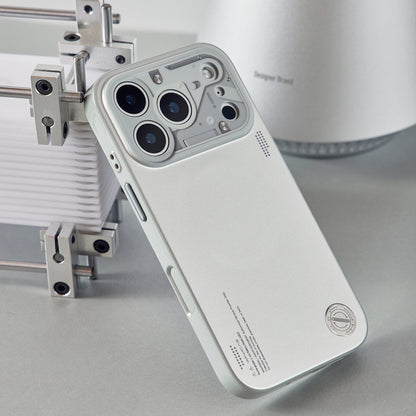 Chrome silver case propped against a metal frame
